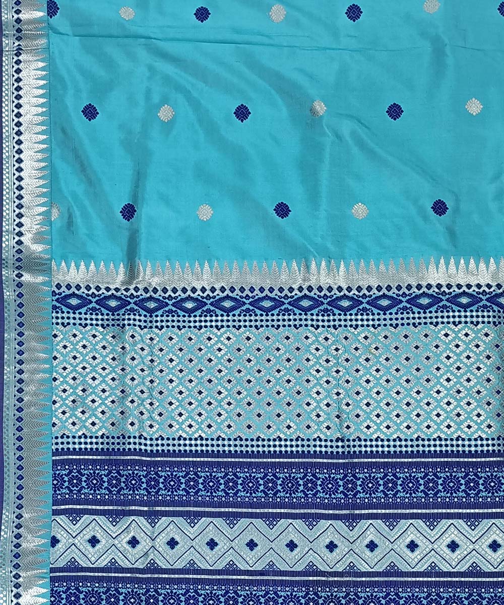 Sky blue navy blue silk handwoven assam saree