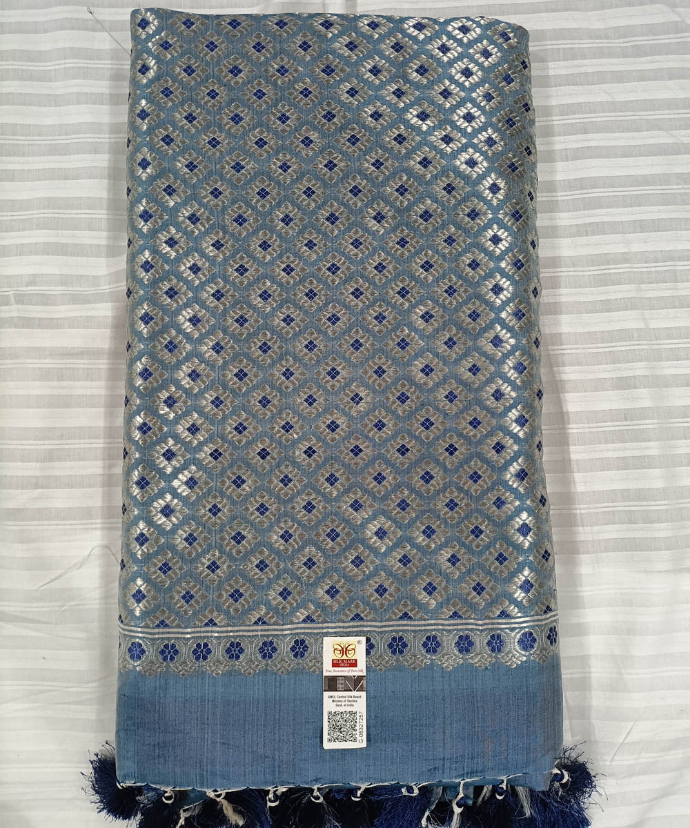 Navy blue white silk handwoven assam saree