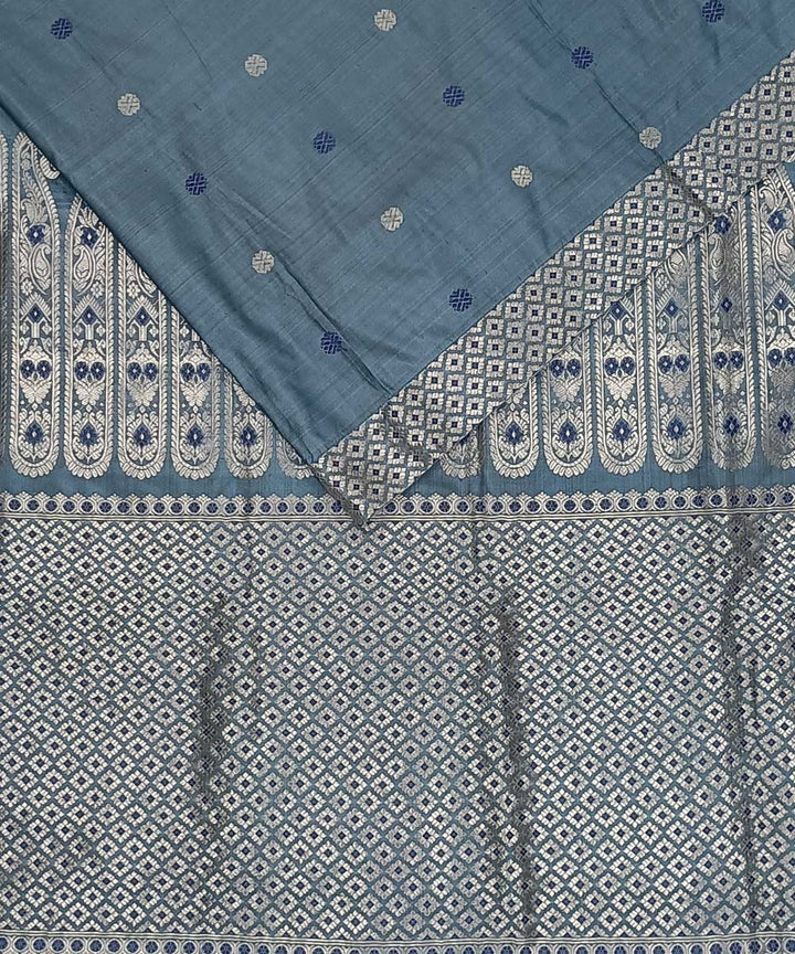 Navy blue white silk handwoven assam saree