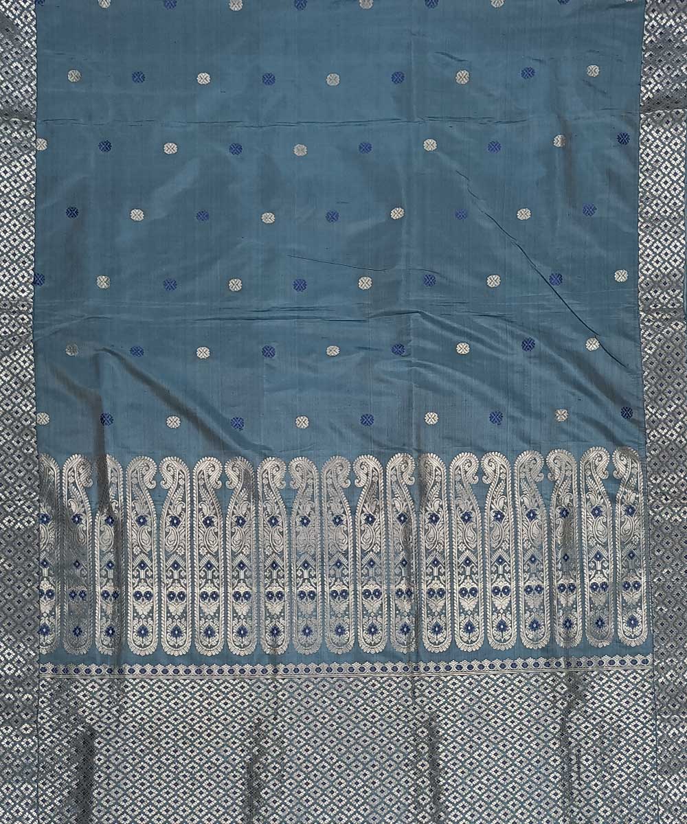 Navy blue white silk handwoven assam saree