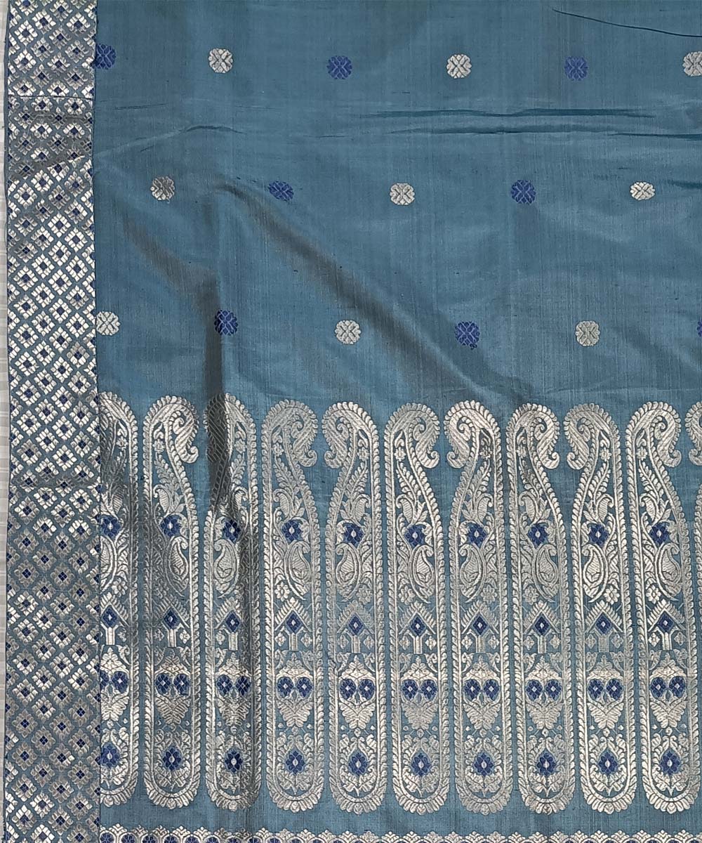 Navy blue white silk handwoven assam saree