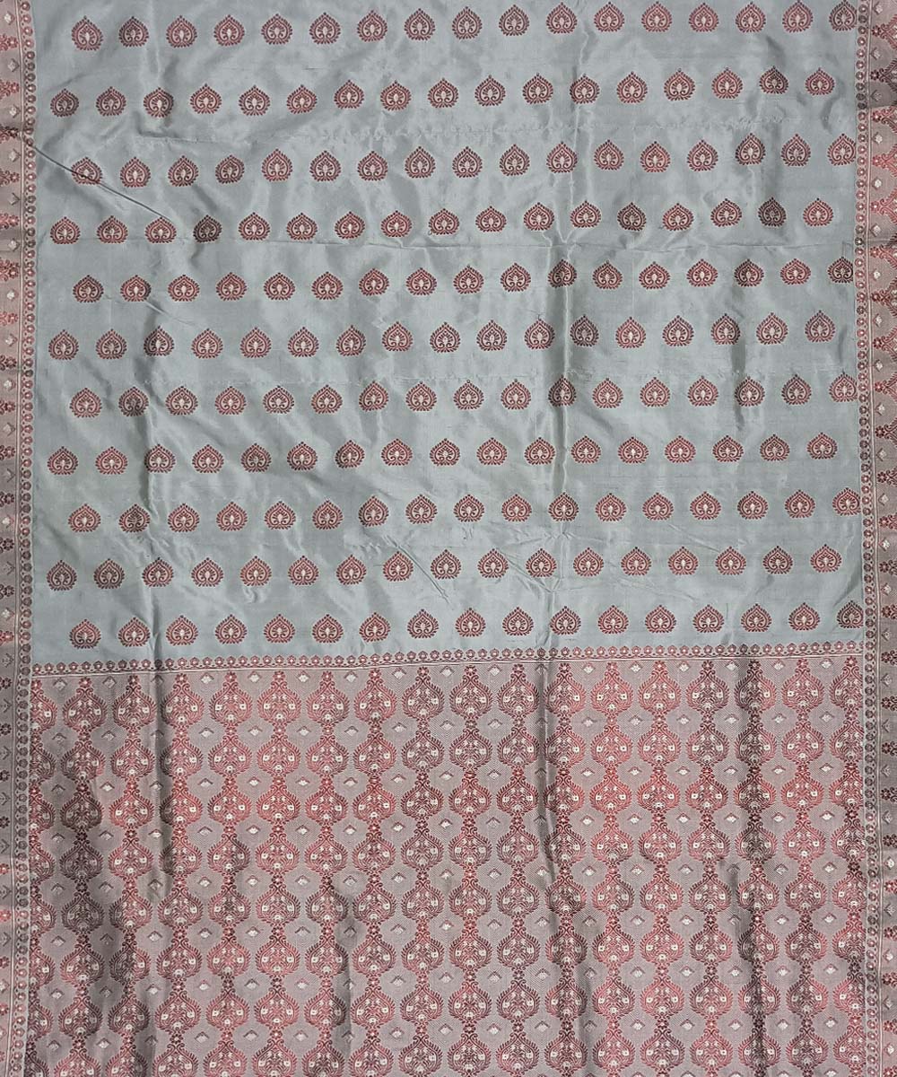 Grey red silk handwoven assam saree