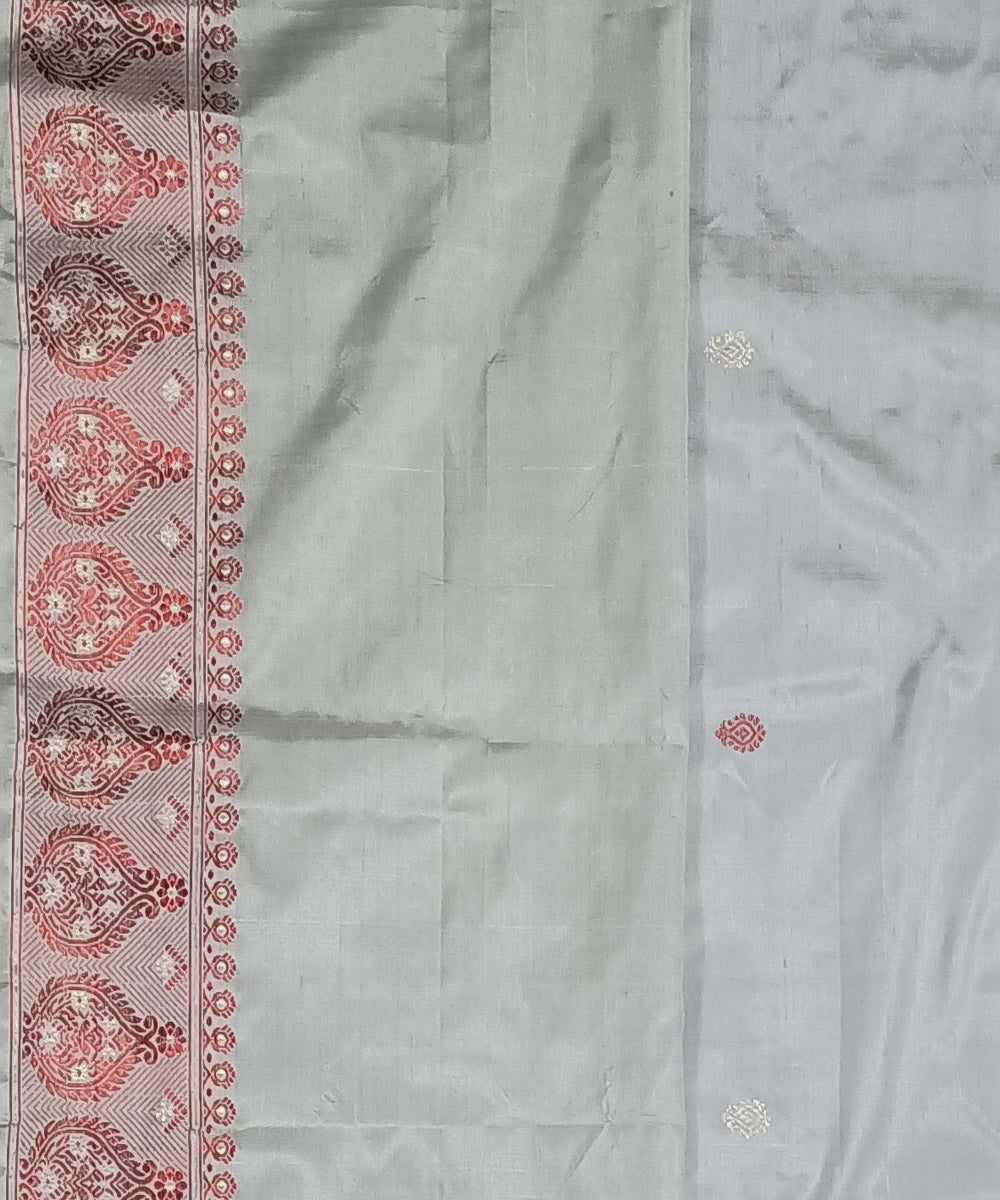 Grey red silk handwoven assam saree