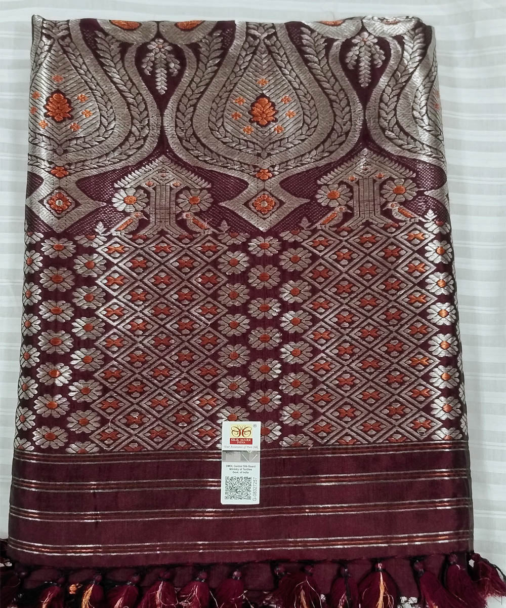 Brown white silk handwoven assam saree