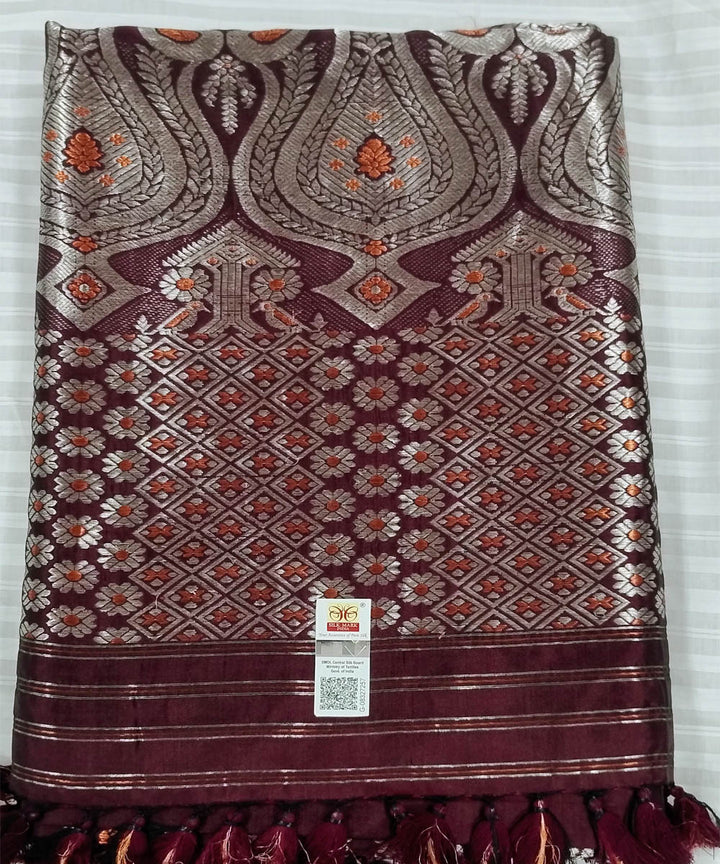 Brown white silk handwoven assam saree