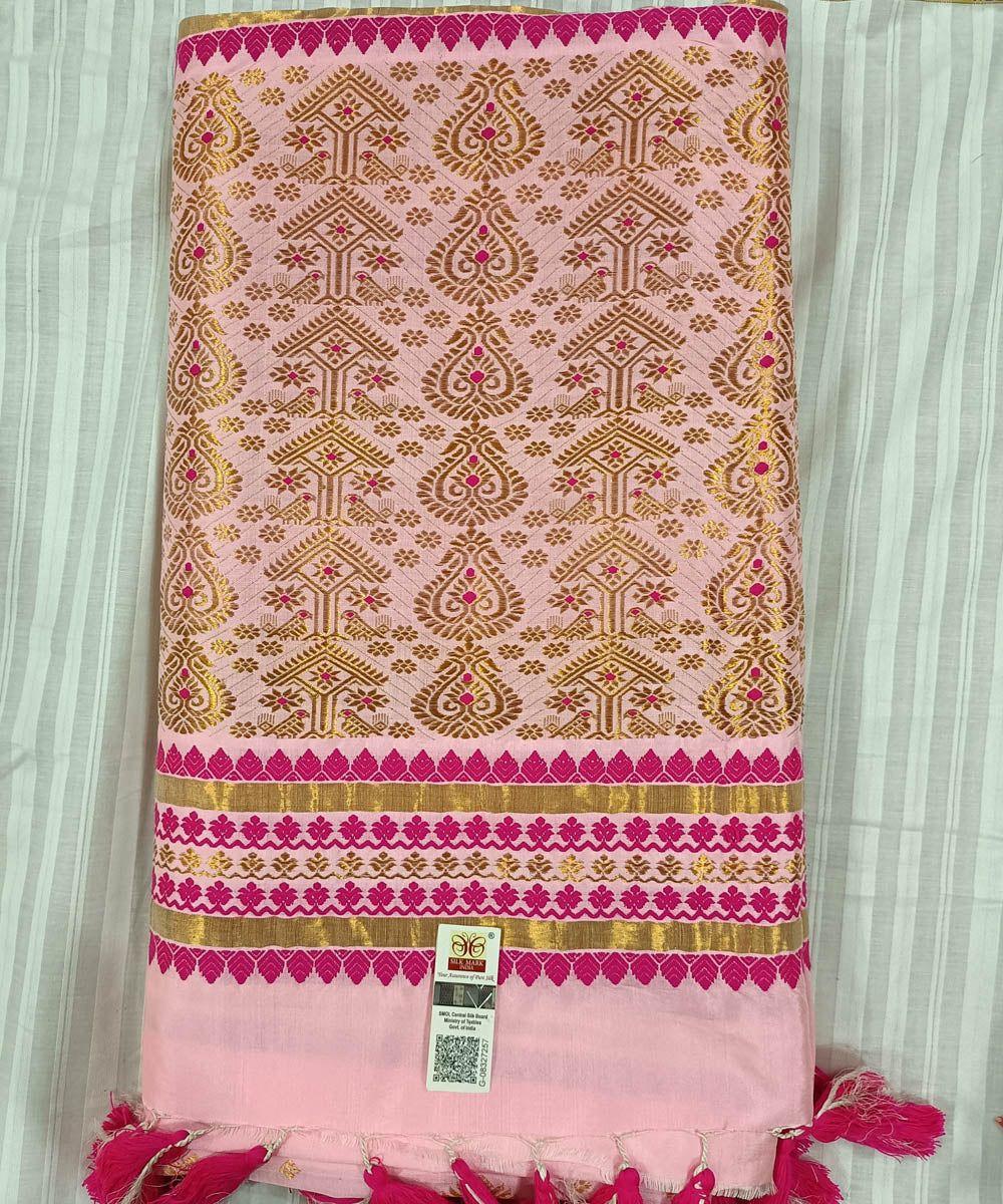 Pink red silk handwoven assam saree