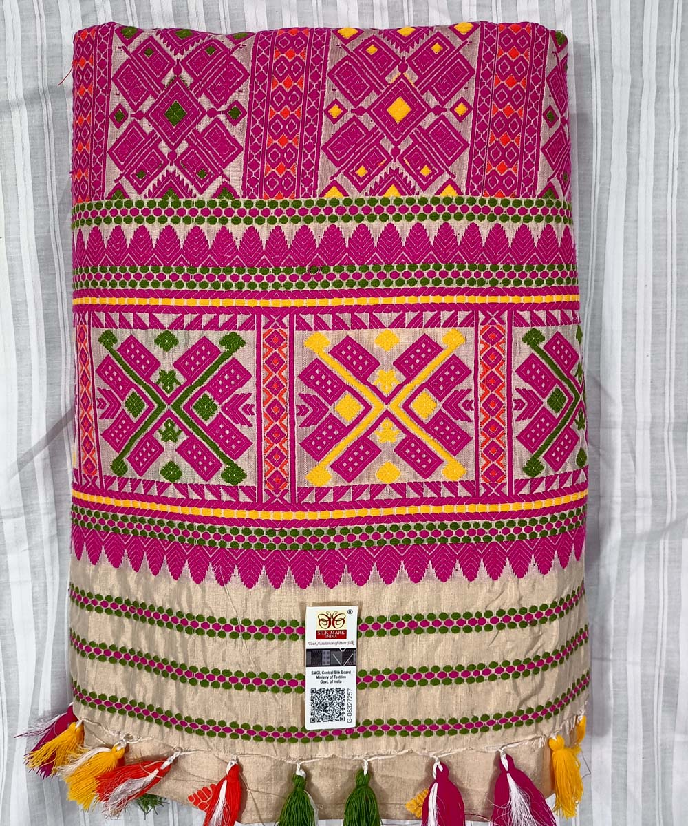 Pink white silk handwoven assam saree