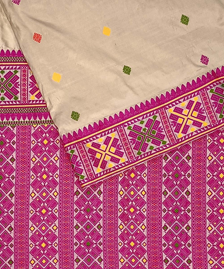 Pink white silk handwoven assam saree