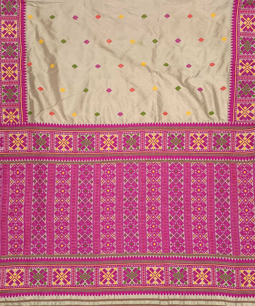 Pink white silk handwoven assam saree