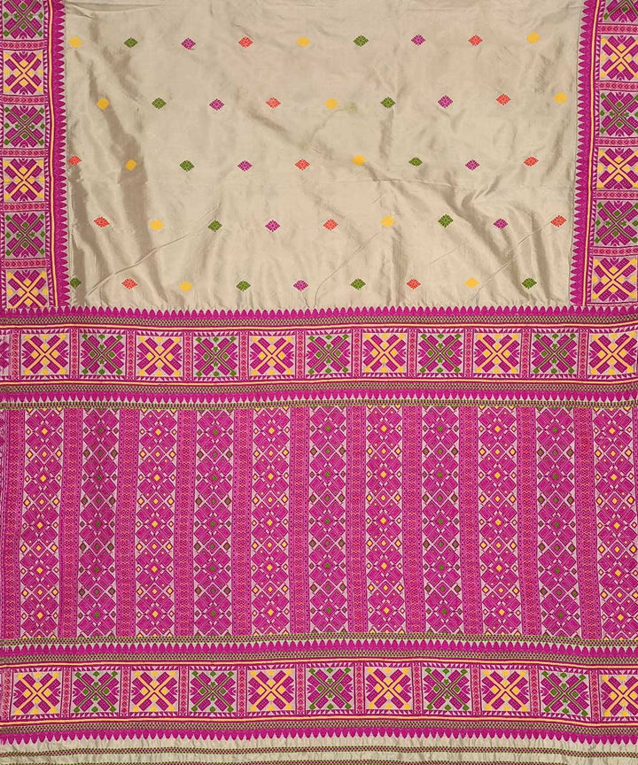 Pink white silk handwoven assam saree