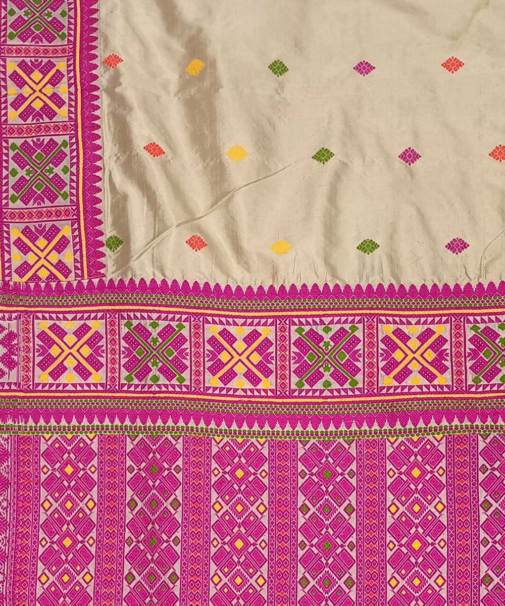 Pink white silk handwoven assam saree