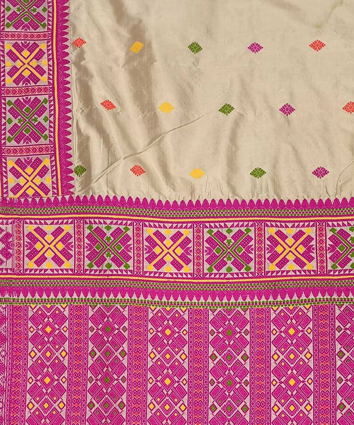 Pink white silk handwoven assam saree