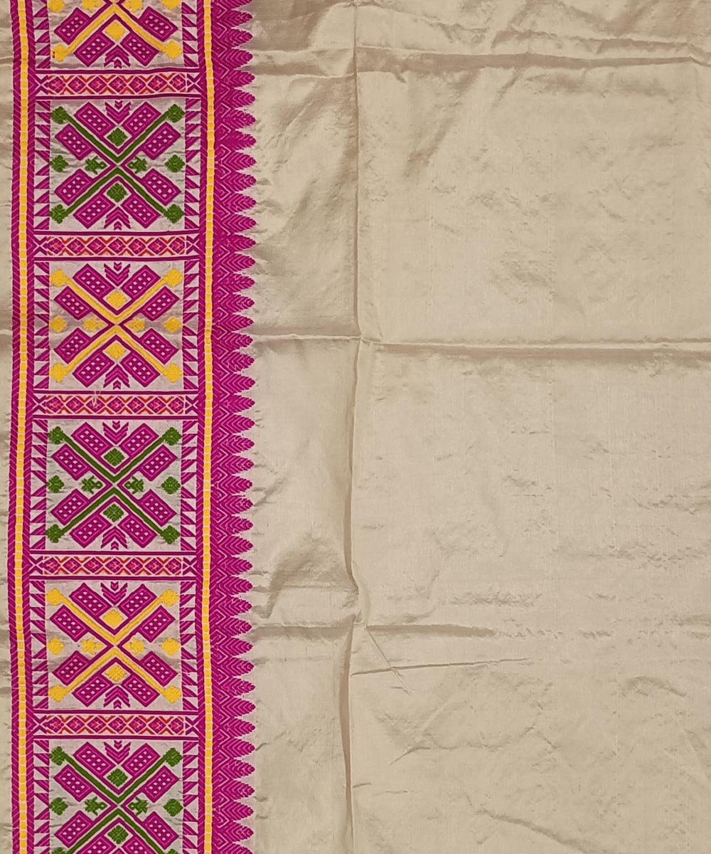 Pink white silk handwoven assam saree