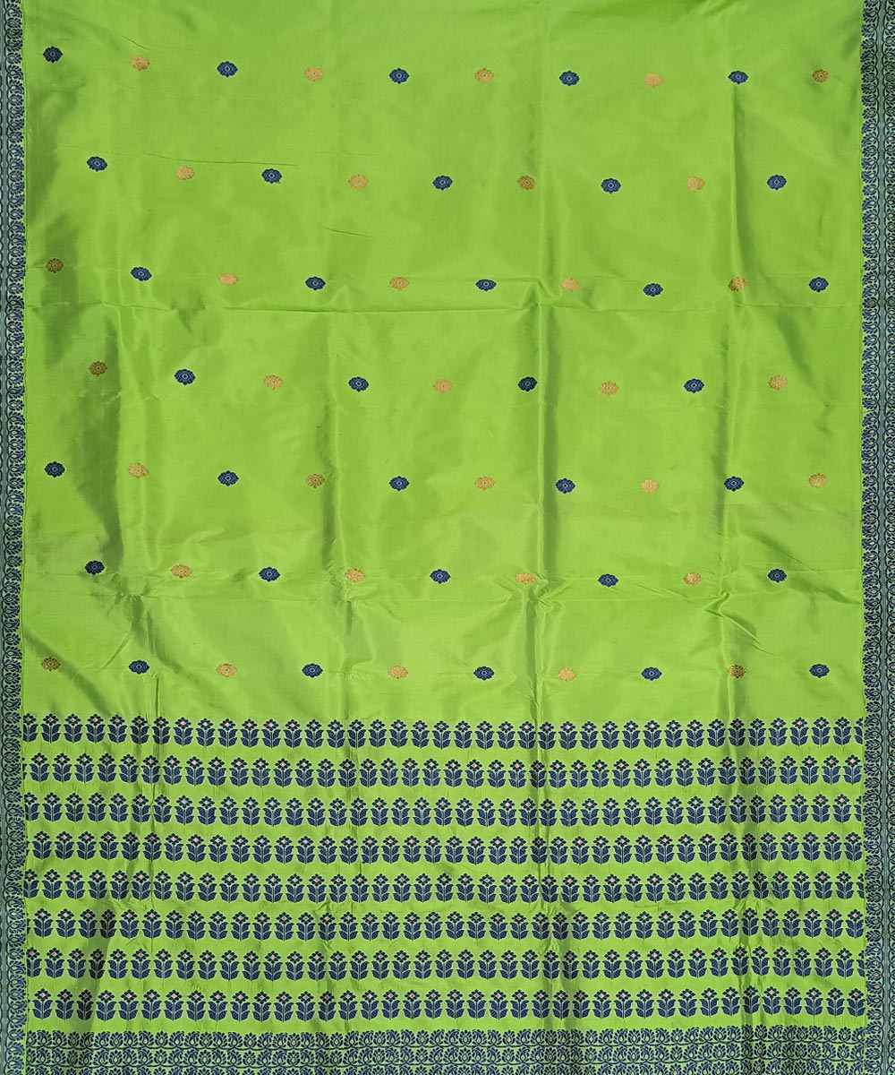 Lime green blue silk handwoven assam saree