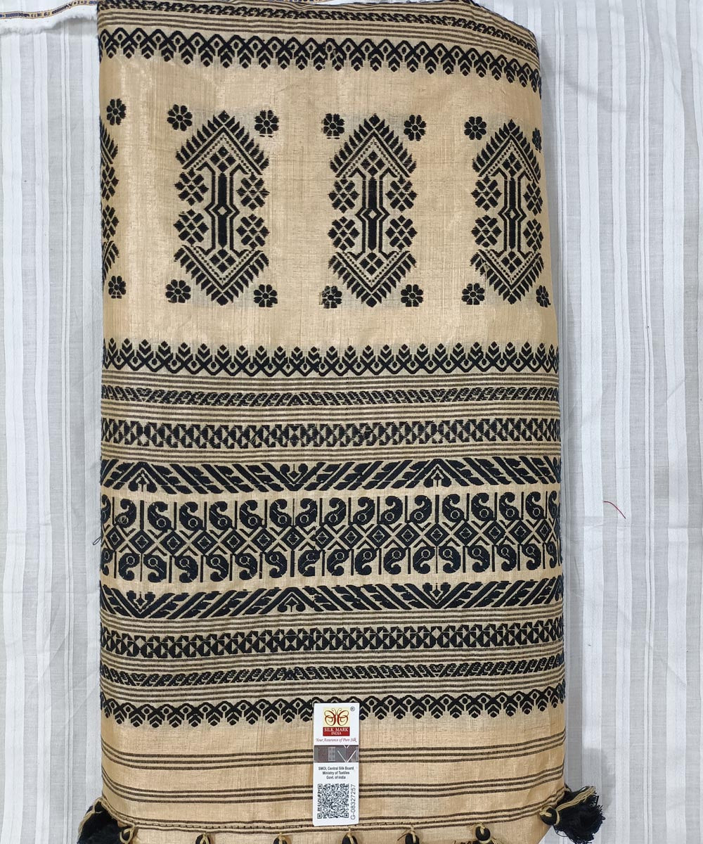 Grey off white silk handwoven assam saree