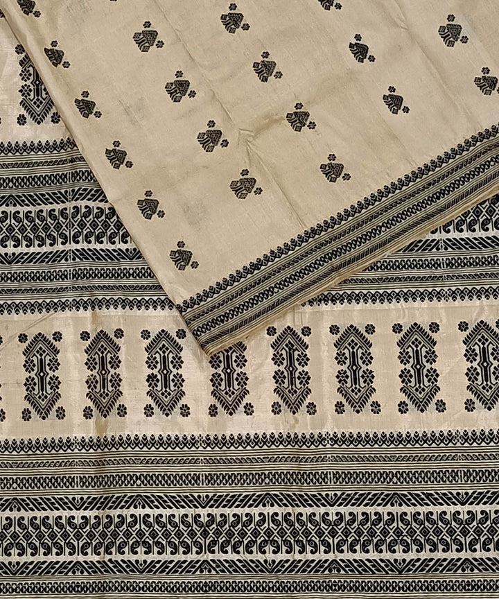 Grey off white silk handwoven assam saree