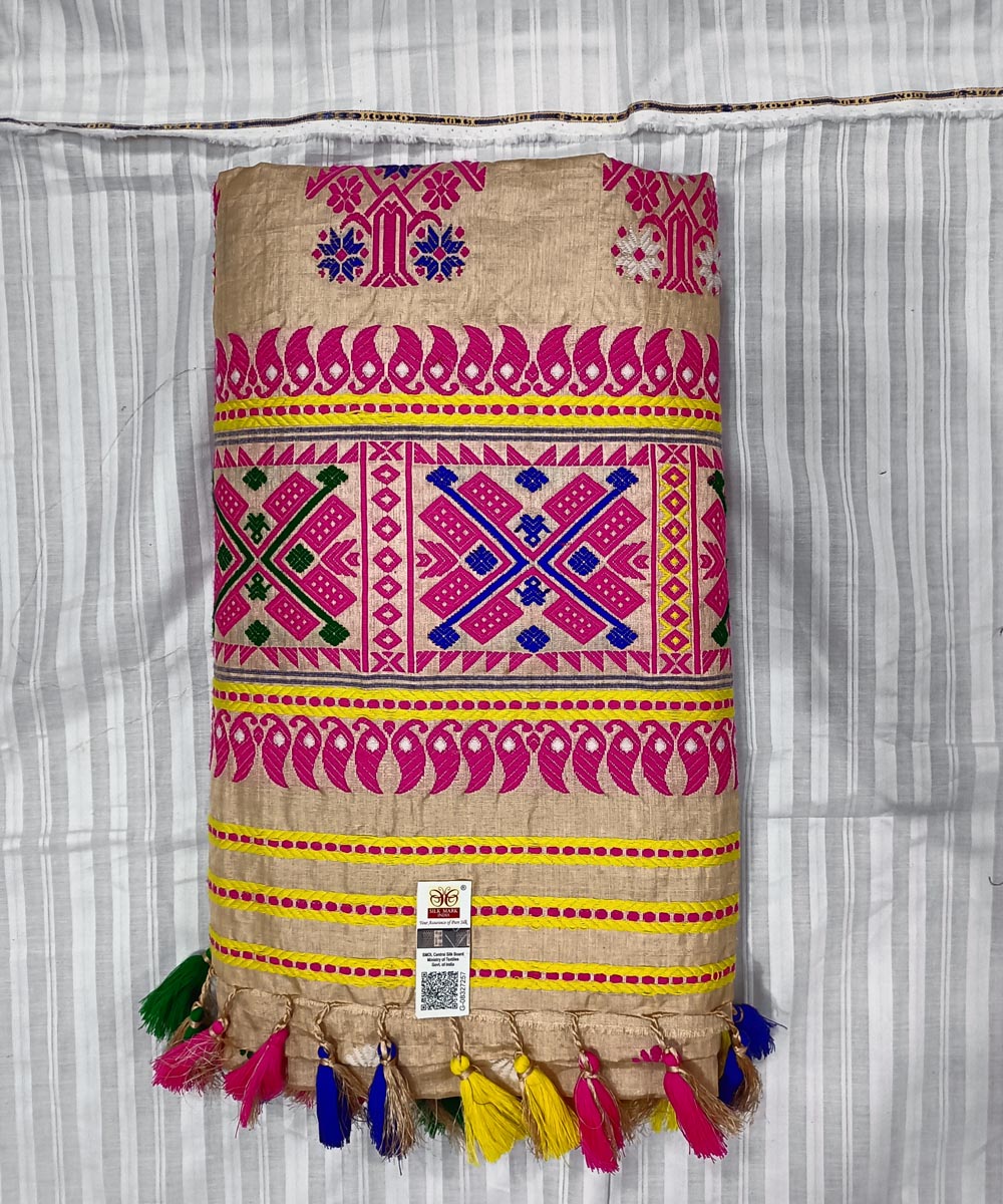 Peach pink silk handwoven assam saree