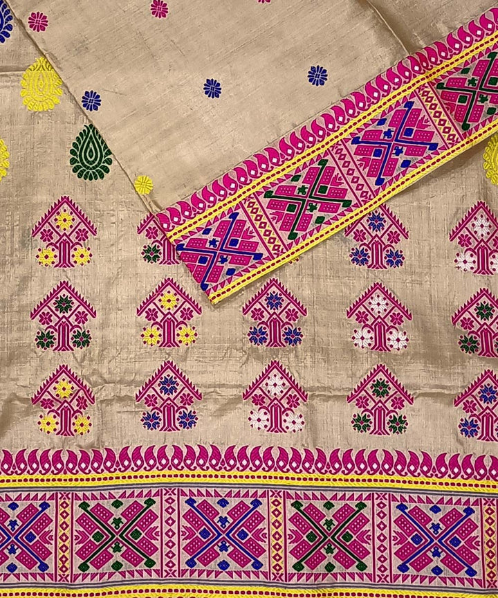 Peach pink silk handwoven assam saree