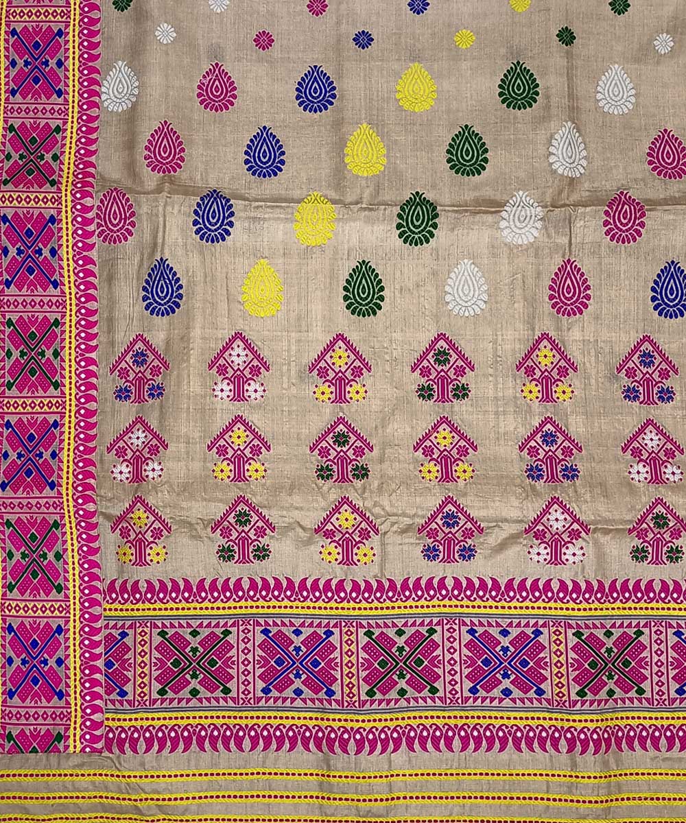 Peach pink silk handwoven assam saree