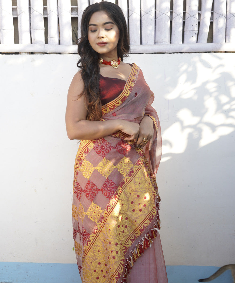 Peach golden silk handloom assam saree