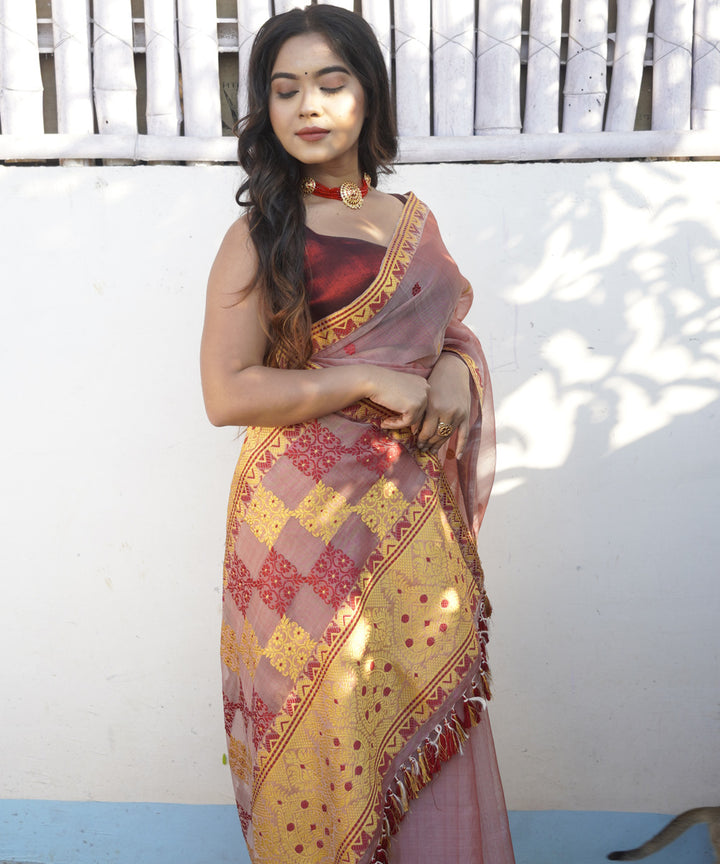 Peach golden silk handloom assam saree