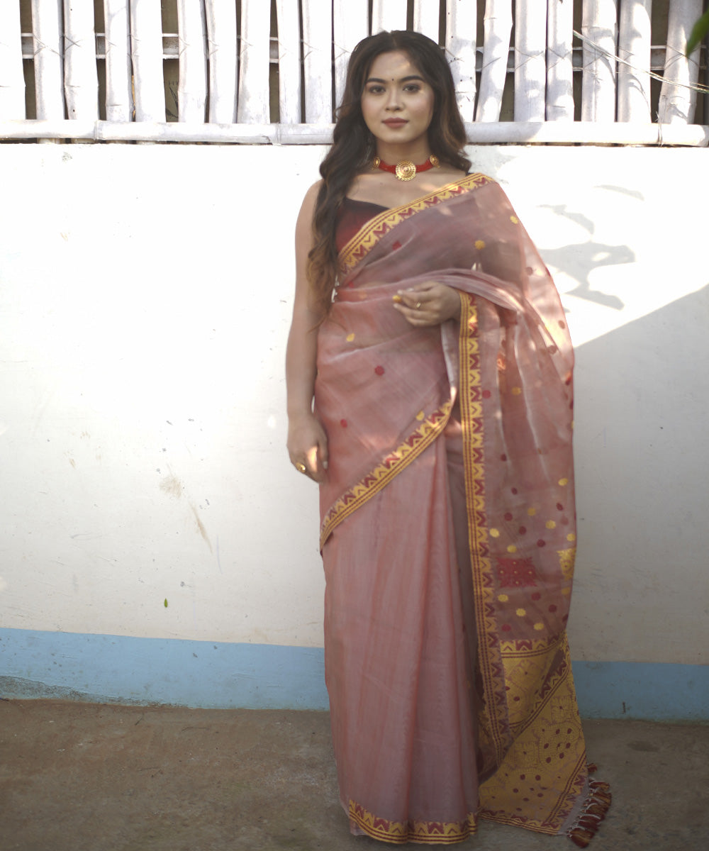 Peach golden silk handloom assam saree
