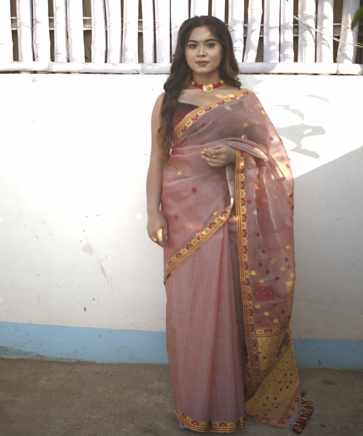 Peach golden silk handloom assam saree