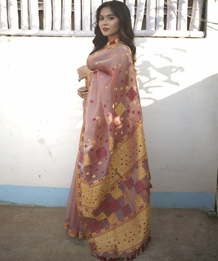 Peach golden silk handloom assam saree