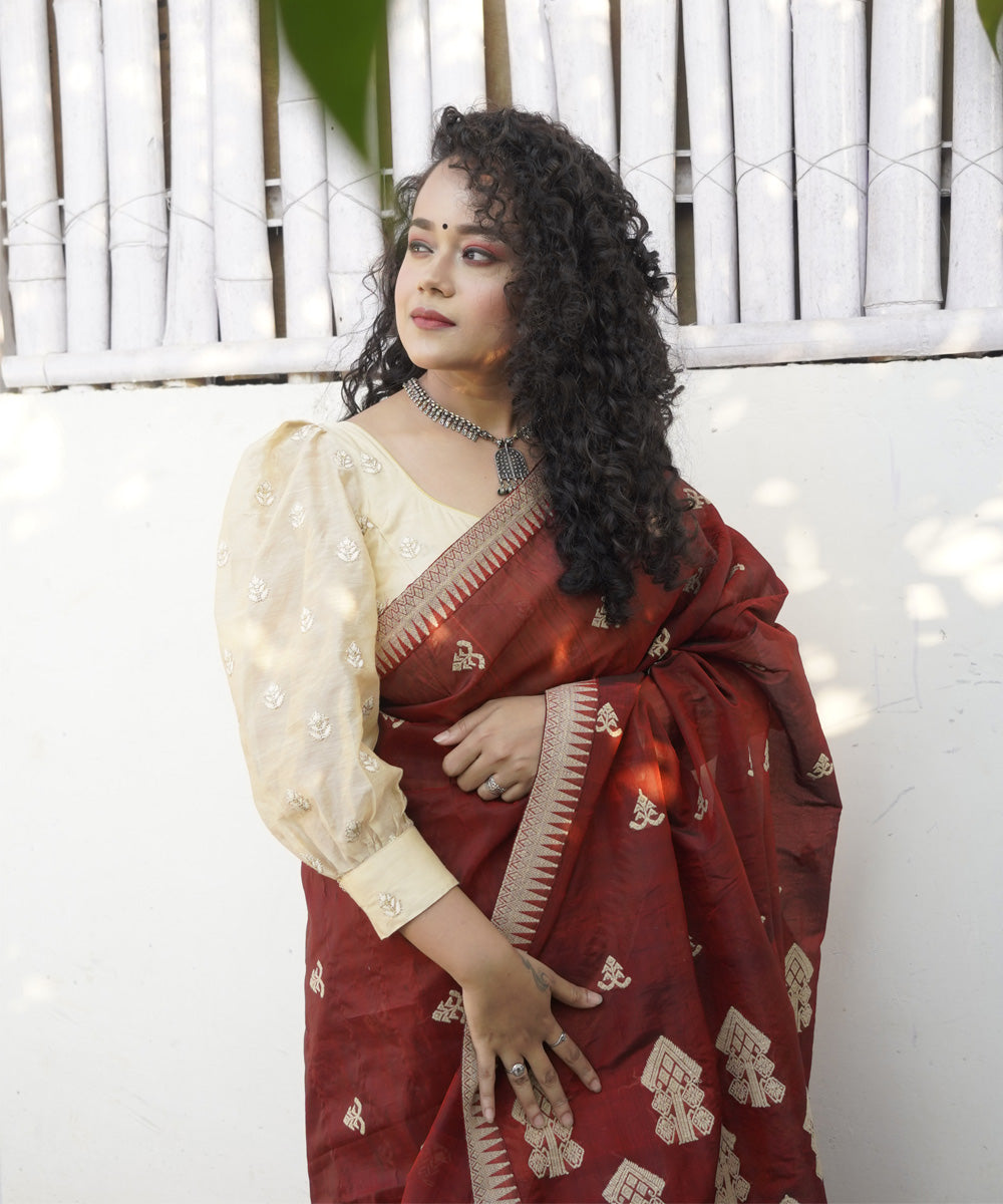 Maroon white silk handloom assam saree