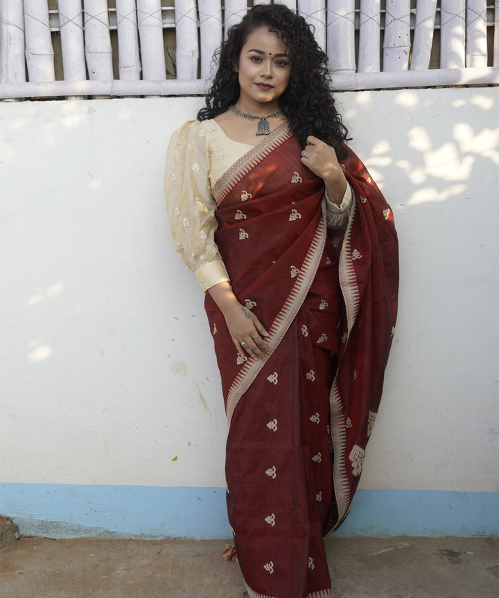 Maroon white silk handloom assam saree
