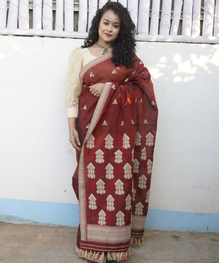 Maroon white silk handloom assam saree