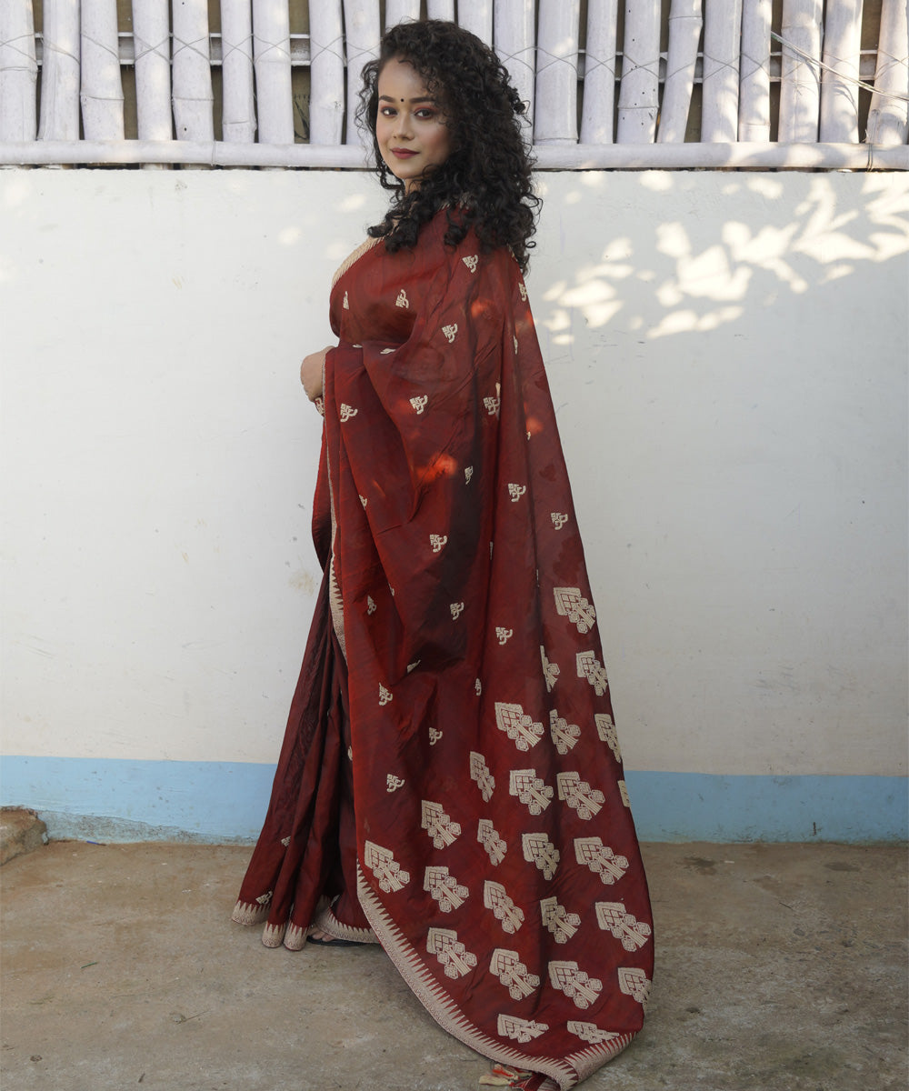 Maroon white silk handloom assam saree