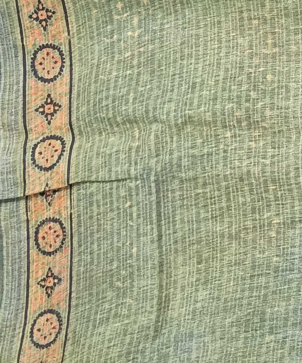 Teal green orange silk handloom ajrakh saree