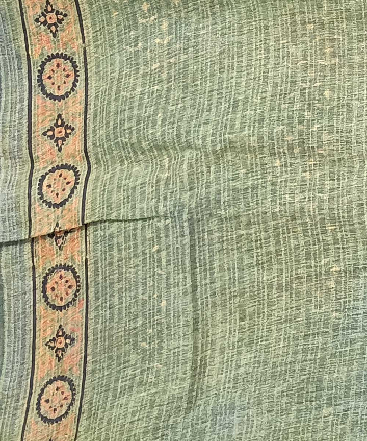 Teal green orange silk handloom ajrakh saree