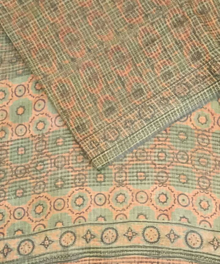 Teal green orange silk handloom ajrakh saree