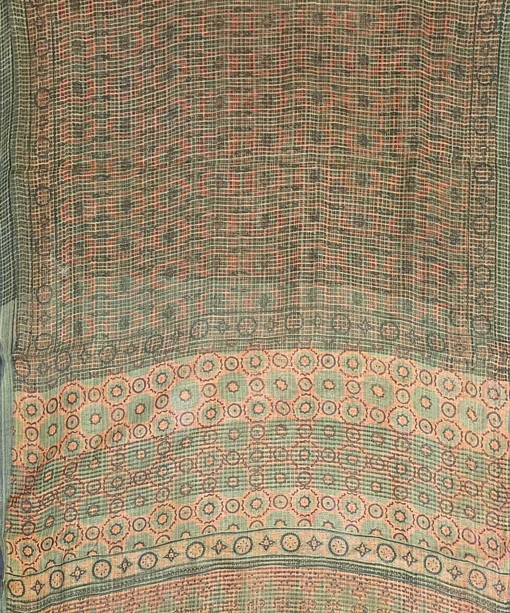 Teal green orange silk handloom ajrakh saree