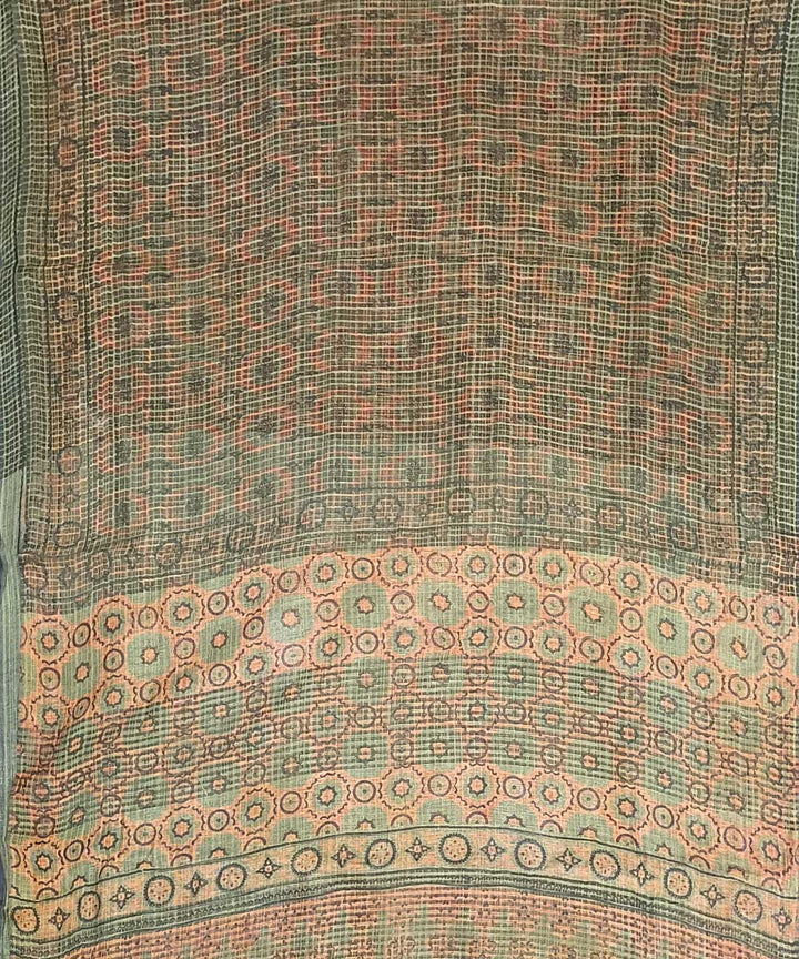 Teal green orange silk handloom ajrakh saree
