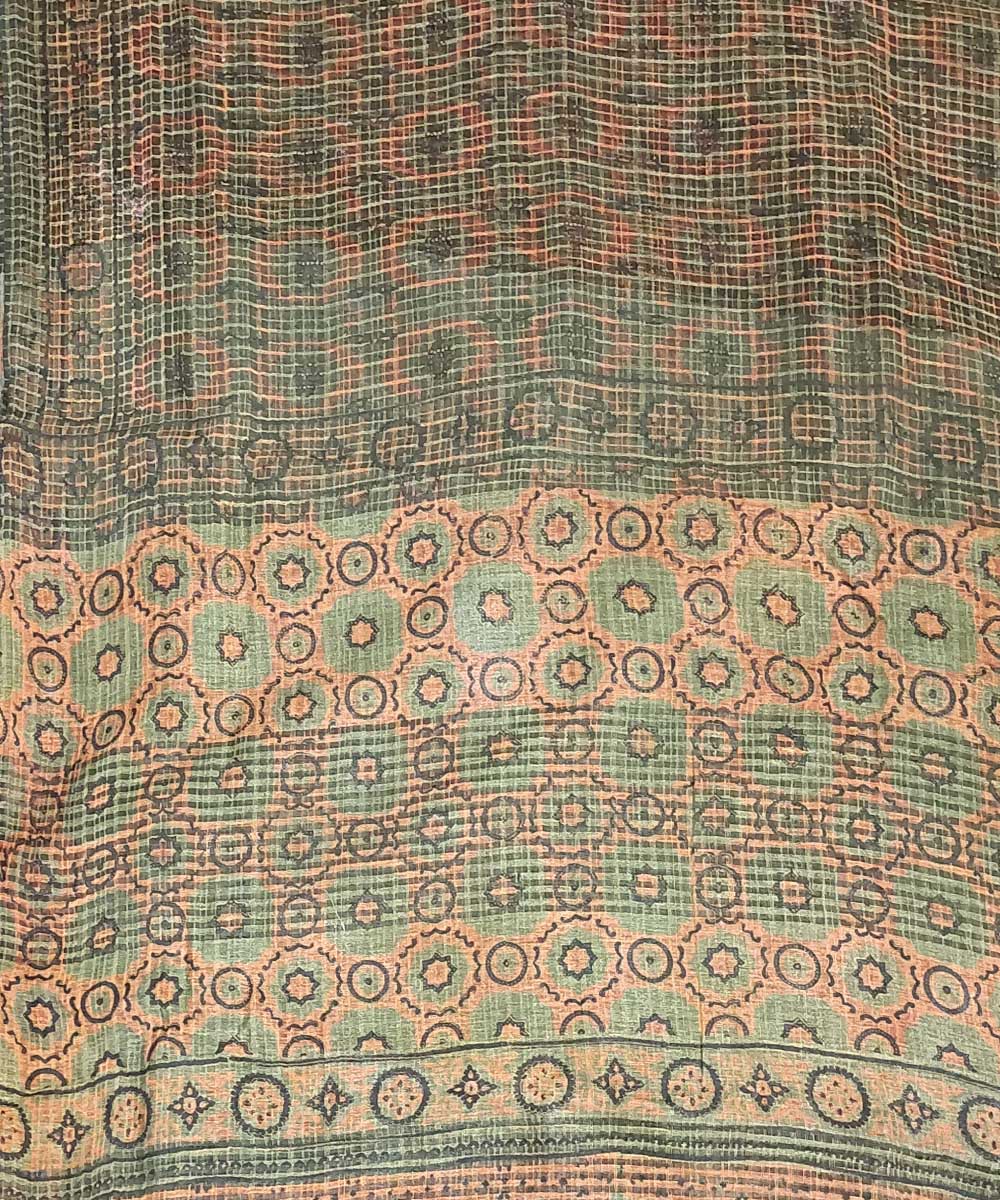 Teal green orange silk handloom ajrakh saree