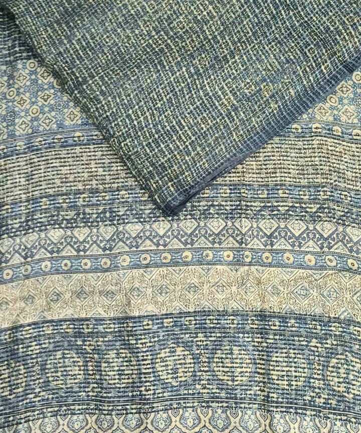 Sky blue grey silk handloom ajrakh saree