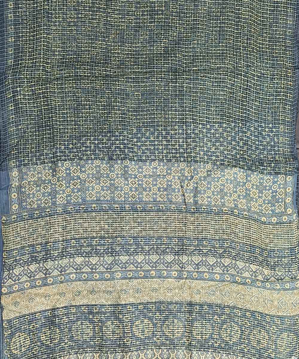 Sky blue grey silk handloom ajrakh saree