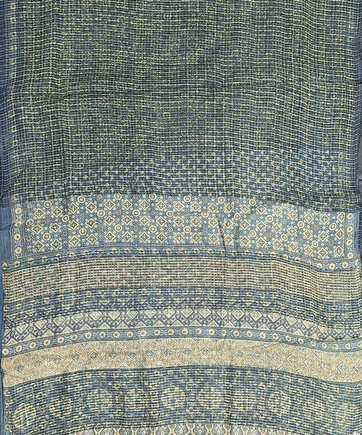 Sky blue grey silk handloom ajrakh saree