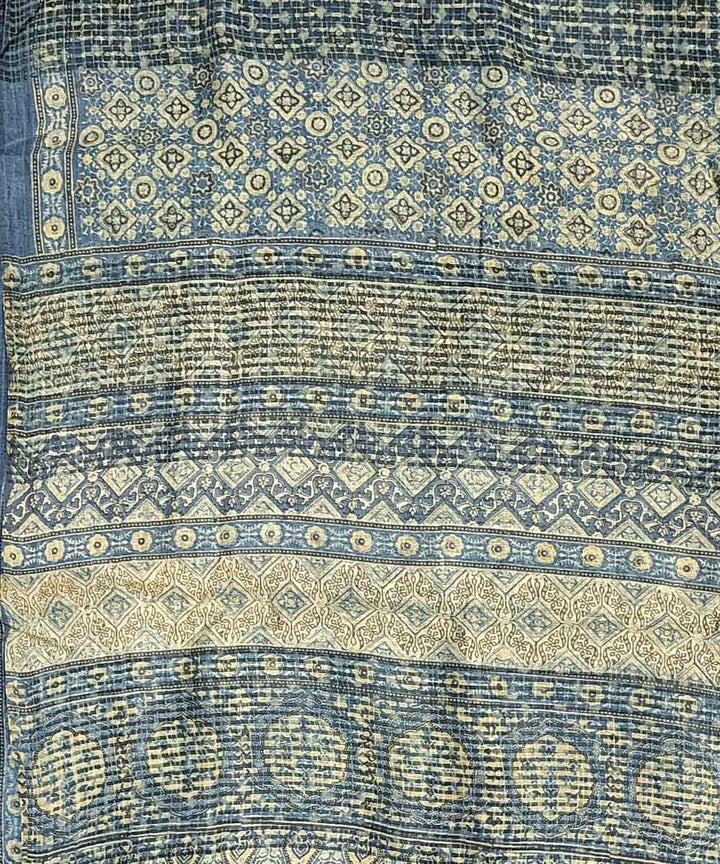 Sky blue grey silk handloom ajrakh saree