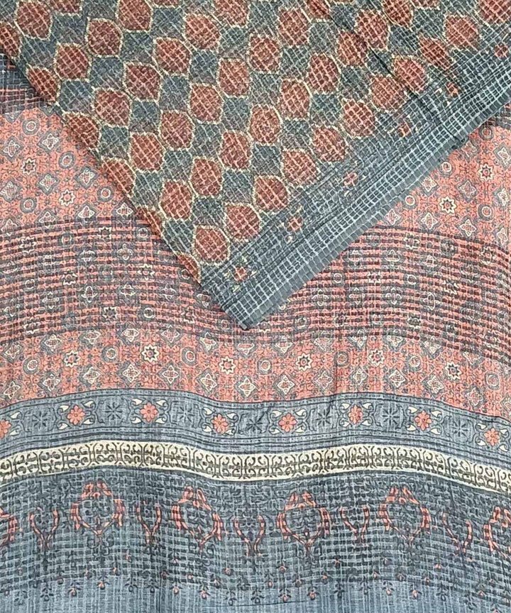 Red blue ajrakh silk handloom saree