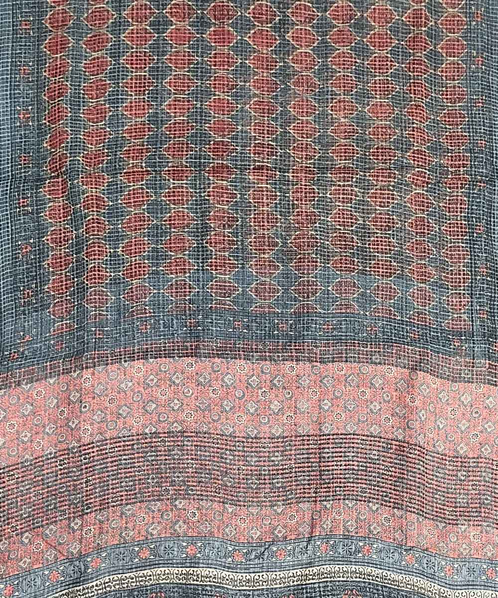 Red blue ajrakh silk handloom saree