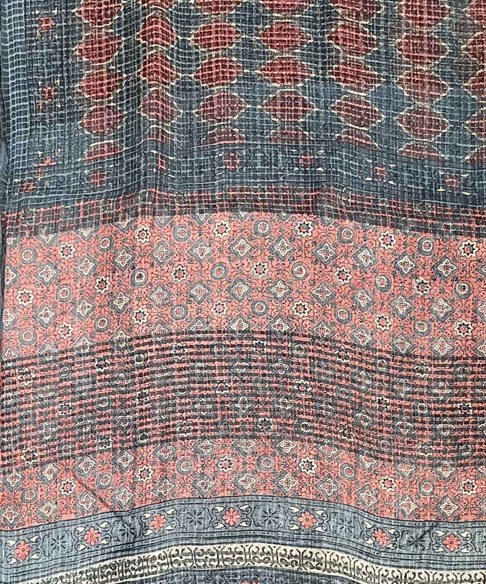 Red blue ajrakh silk handloom saree