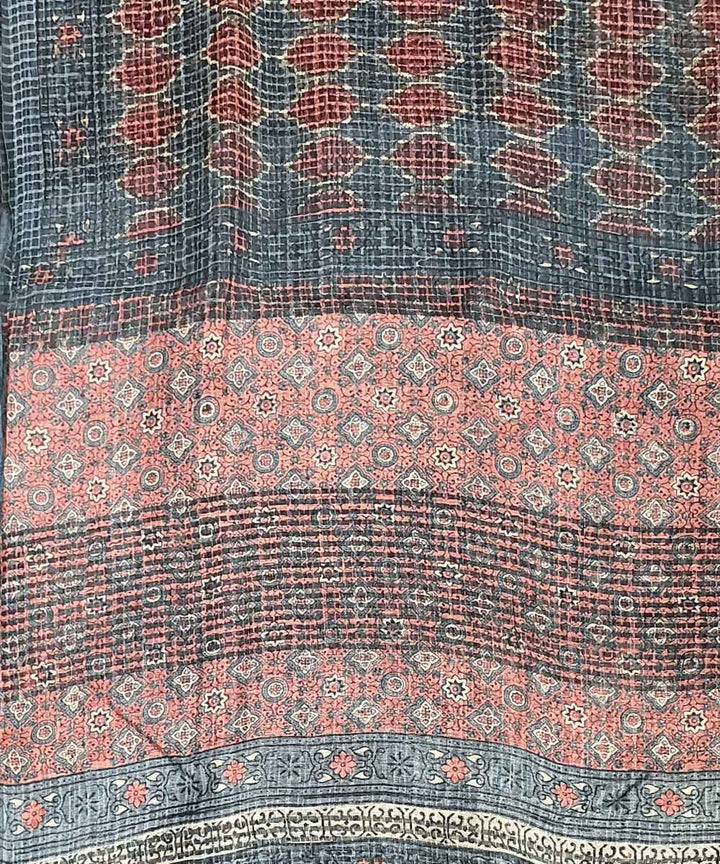 Red blue ajrakh silk handloom saree