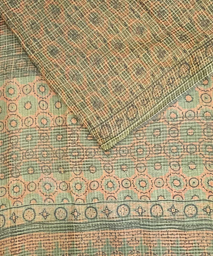 Cyan green orange silk handloom ajrakh saree