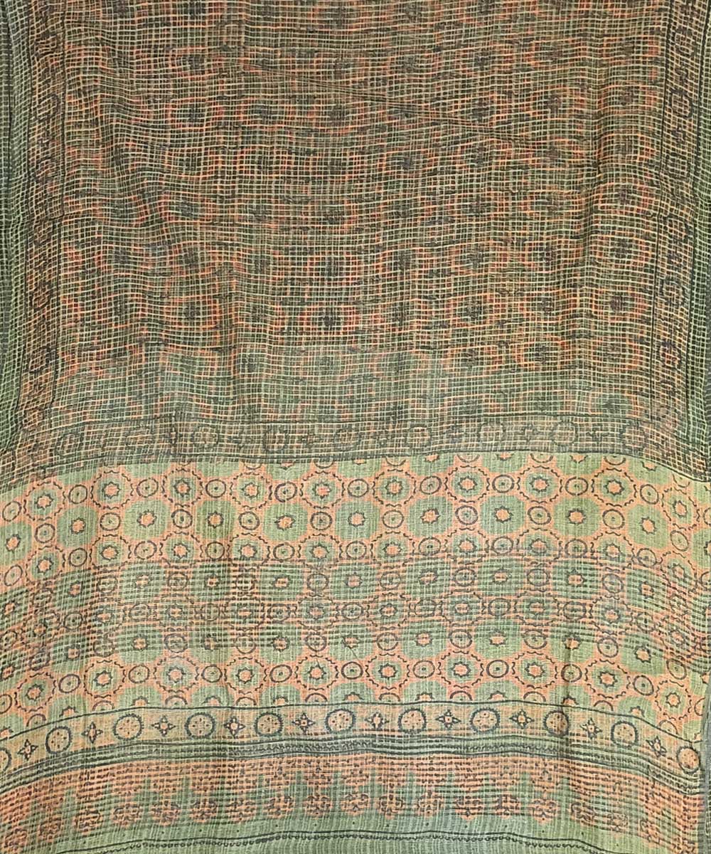 Cyan green orange silk handloom ajrakh saree