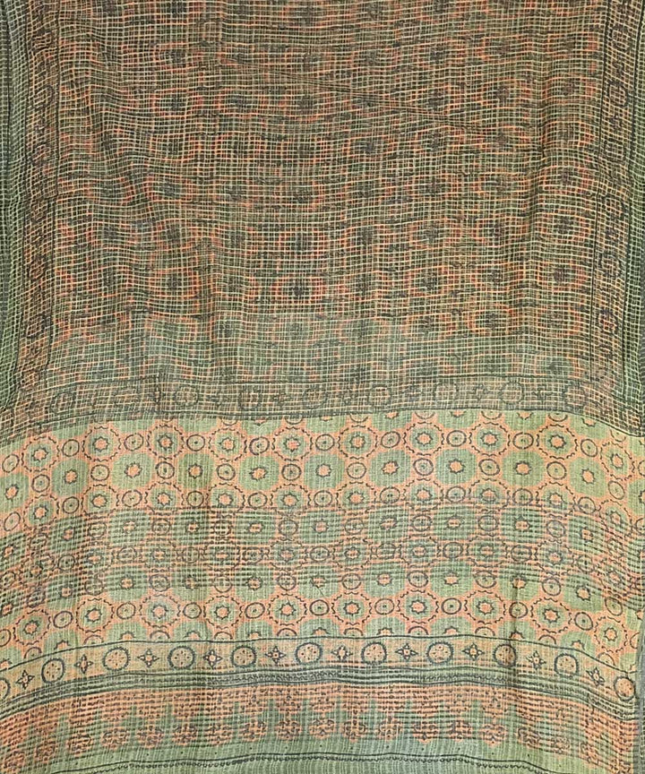 Cyan green orange silk handloom ajrakh saree