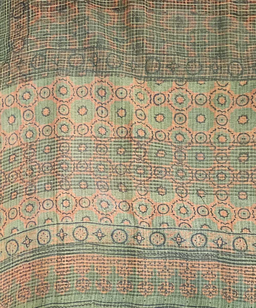Cyan green orange silk handloom ajrakh saree